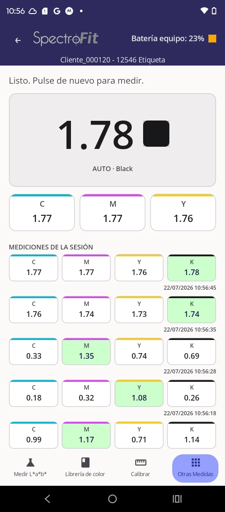 SpectroFit Android app showing CMYK density readings and the session log