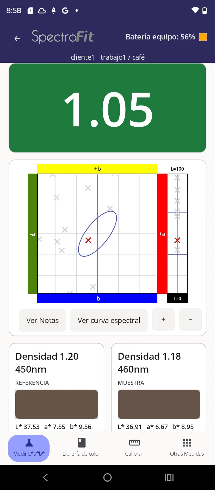 SpectroFit Android app showing an L*a*b* comparison with a pass result