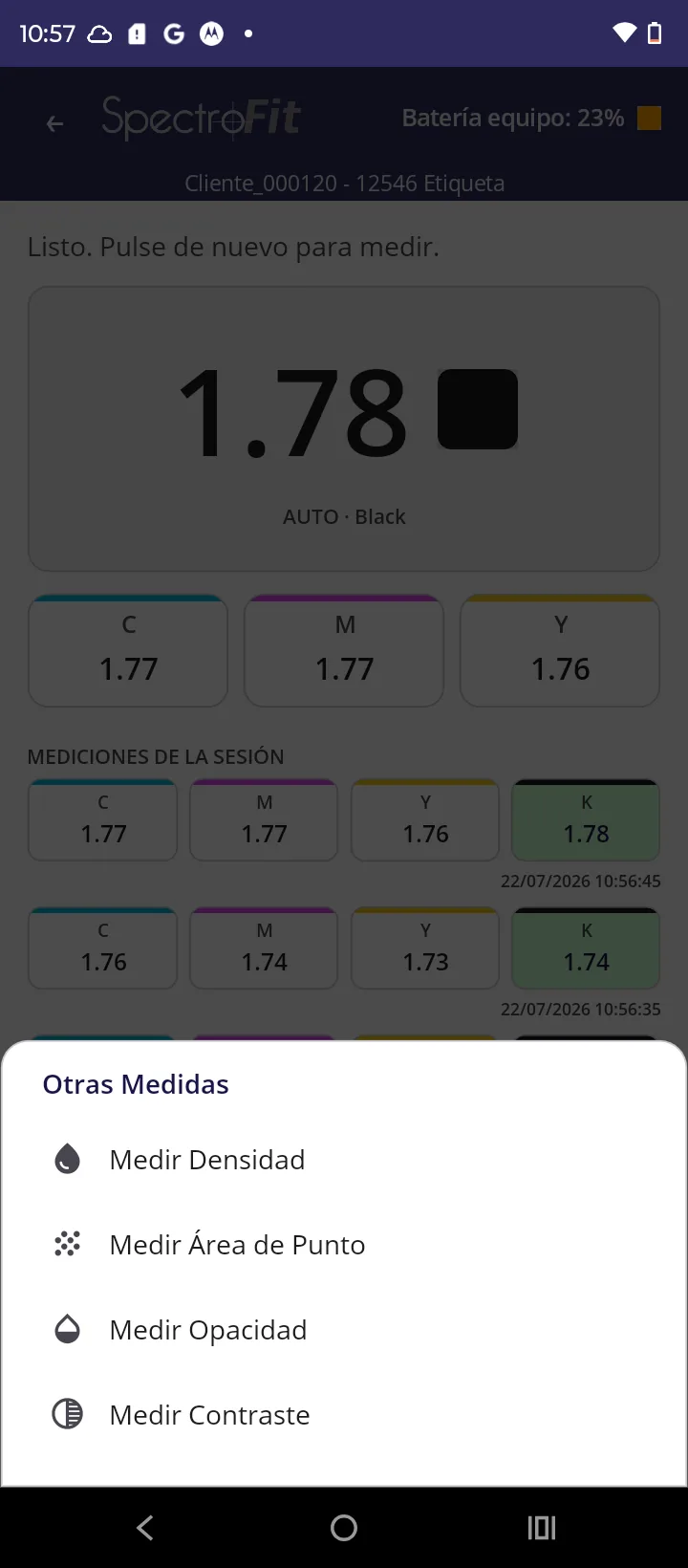 SpectroFit Android app measurement menu listing density, dot area, opacity and contrast
