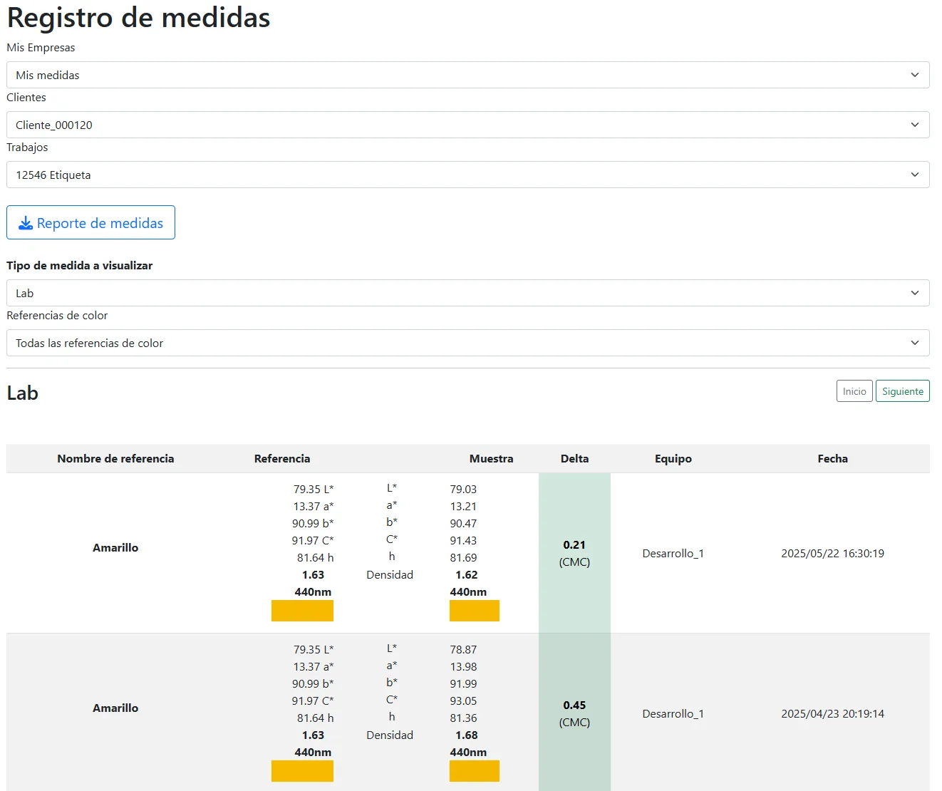 SpectroFit web manager showing a Lab measurement log with reference, sample, and CMC Delta E values per row