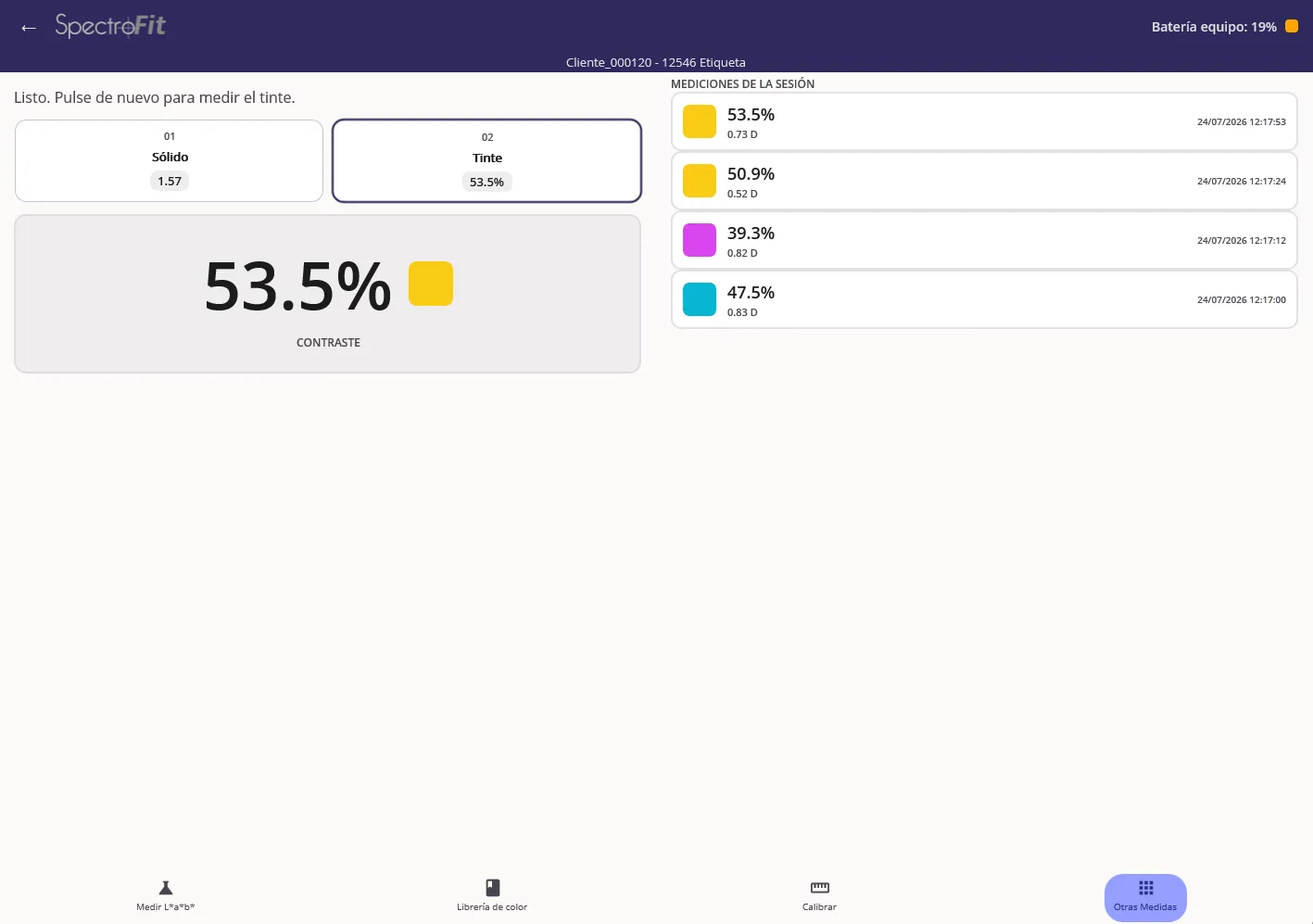 SpectroFit Windows app showing a print contrast measurement