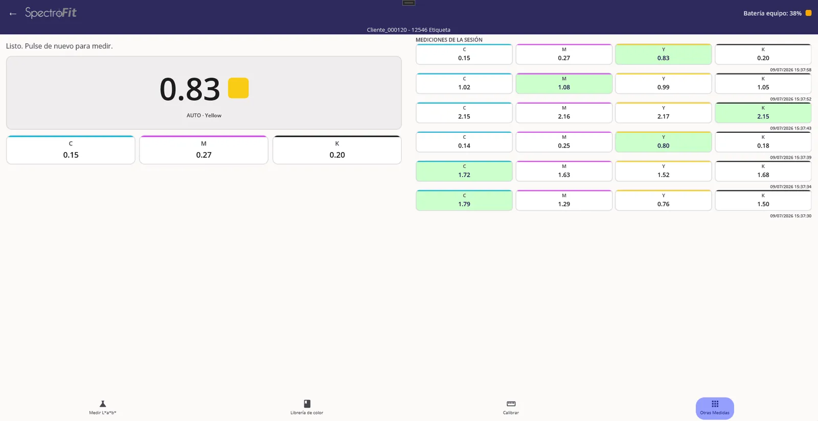 SpectroFit Windows app showing a live CMYK density reading beside the session measurement log