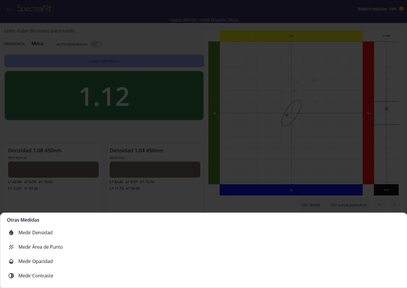 SpectroFit Windows app measurement menu listing density, dot area, opacity and contrast